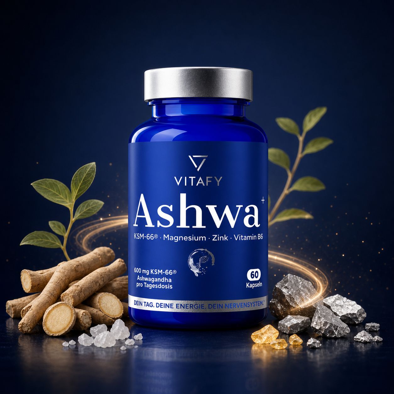 Ashwa+ Ashwagandha KSM-66® mit Magnesium, Zink & Vitamin B6 (60 Kapseln)