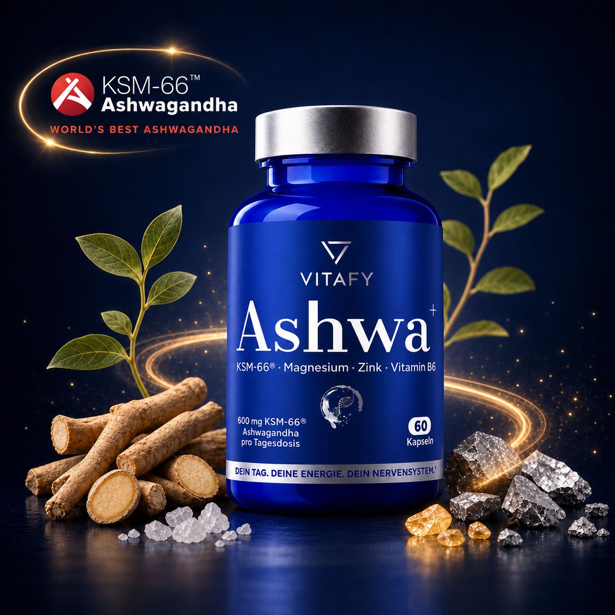 Ashwa+ Ashwagandha KSM-66™ mit Magnesium, Zink & Vitamin B6 (60 Kapseln)