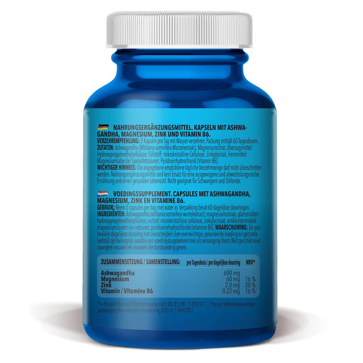 Ashwagandha + Magnesium - Zinc - Vitamin B6 (120 Kapseln)