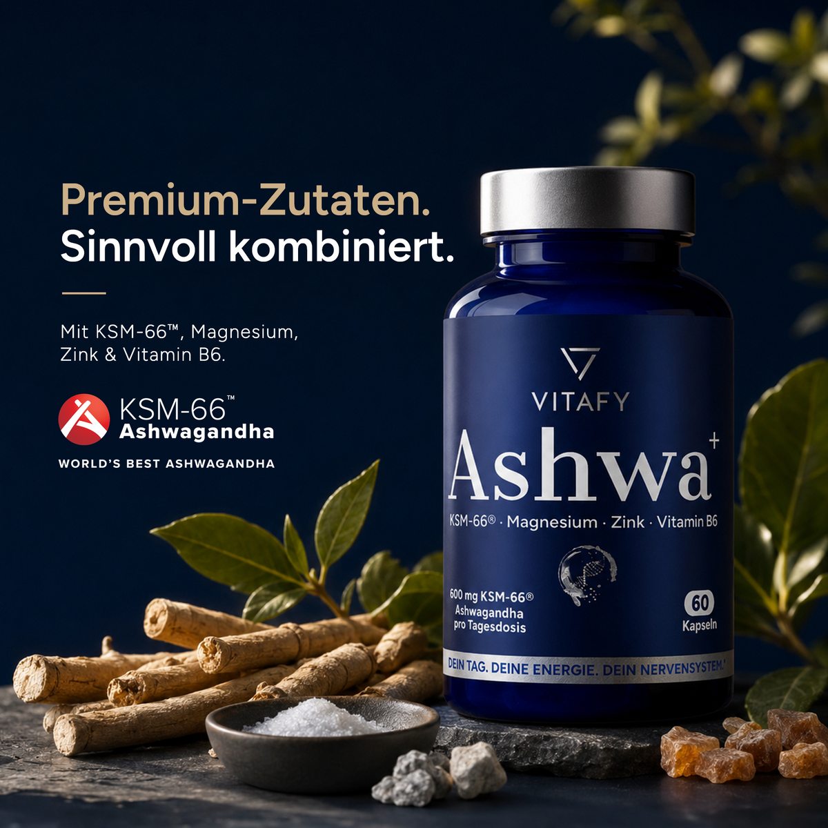 Ashwa+ Ashwagandha KSM-66™ mit Magnesium, Zink & Vitamin B6 (60 Kapseln)