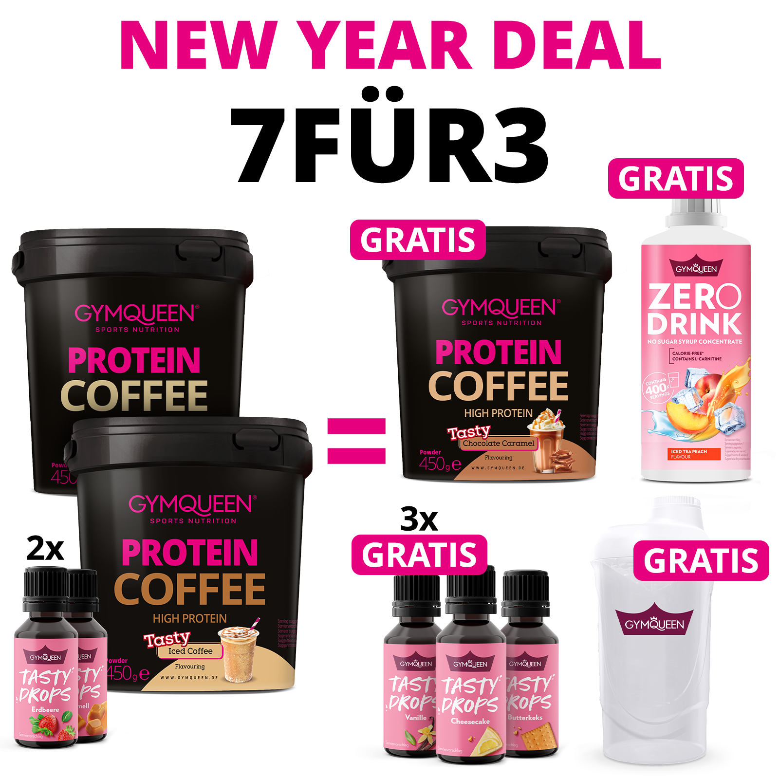 NEW YEAR DEAL: 7Für3 Protein Coffee und Tasty Drops mit GRATIS Protein Coffee + Zero Drink + 3x Tasty Drops und Shaker