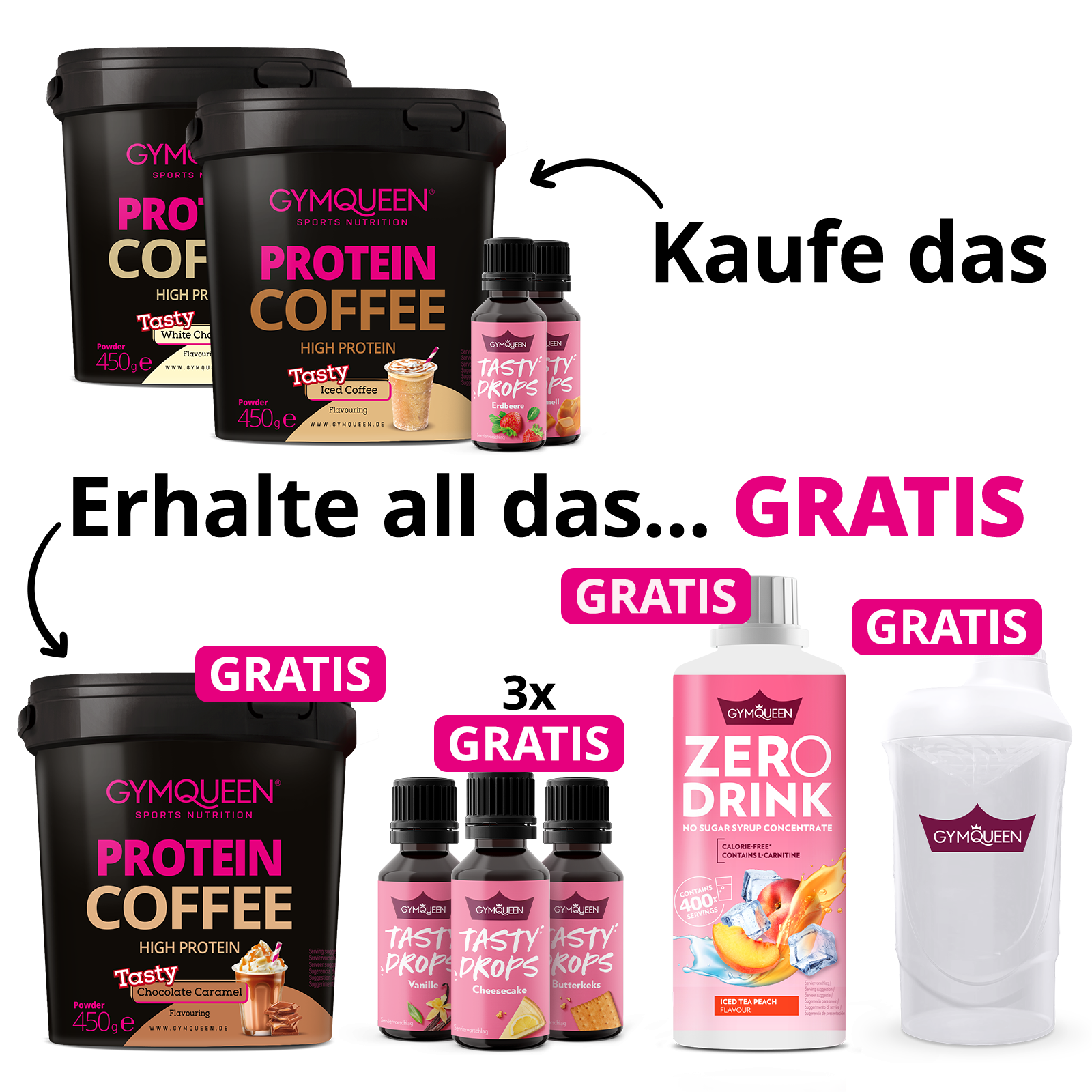 NEW YEAR DEAL: 7Für3 Protein Coffee und Tasty Drops mit GRATIS Protein Coffee + Zero Drink + 3x Tasty Drops und Shaker