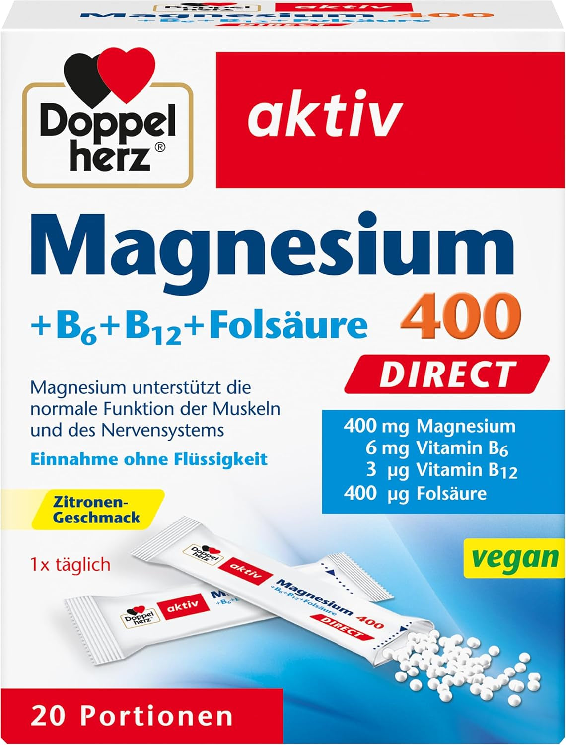 Magnesium 400 + B-Vitamine direct (20 Portionsbeutel)