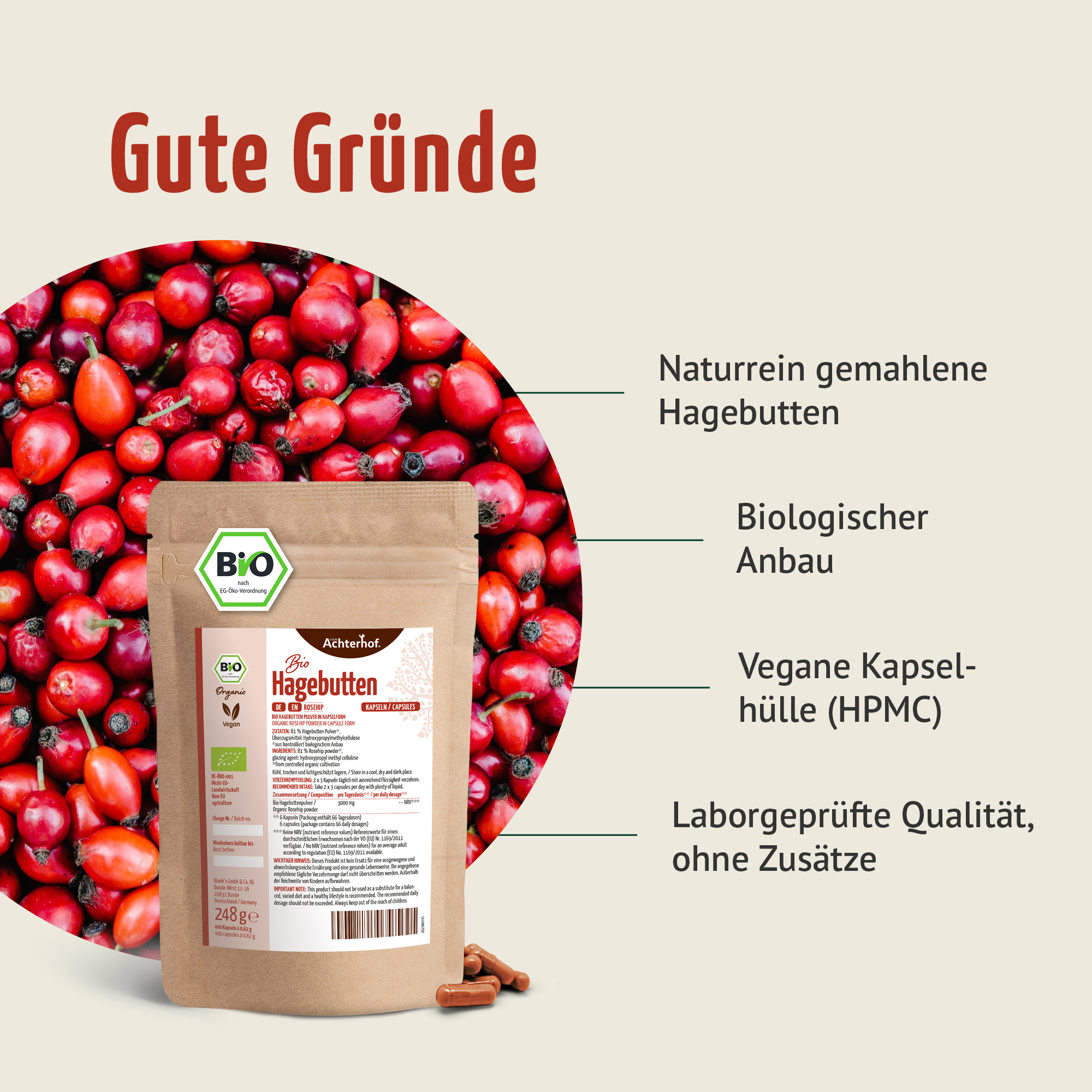 Hagebutten Kapseln Bio Nachfüllpack (400 Kapseln)