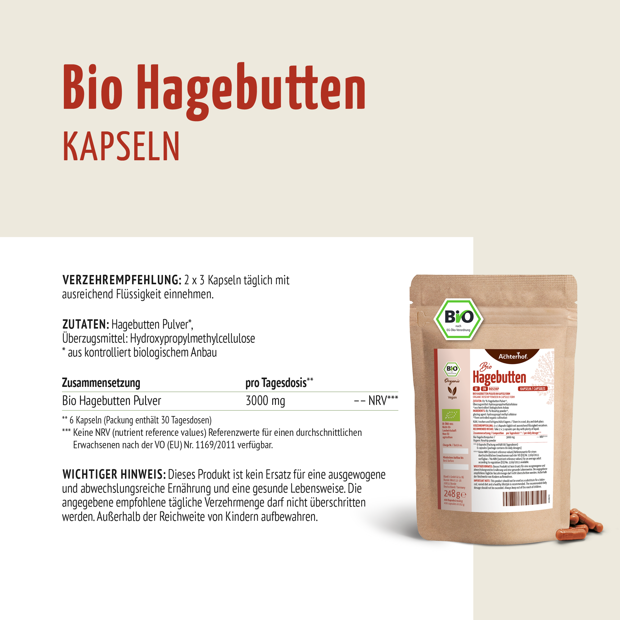 Hagebutten Kapseln Bio Nachfüllpack (400 Kapseln)