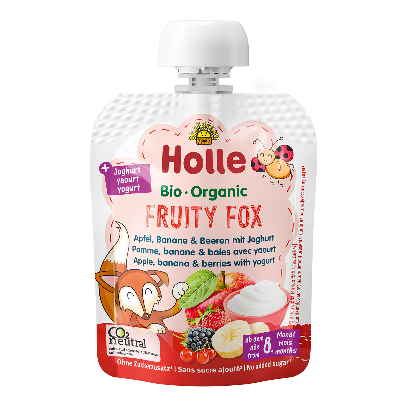 Bio Fruity Fox - Pouchy Apfel Banane & Beeren mit Joghurt ab dem 8. Monat (85g)