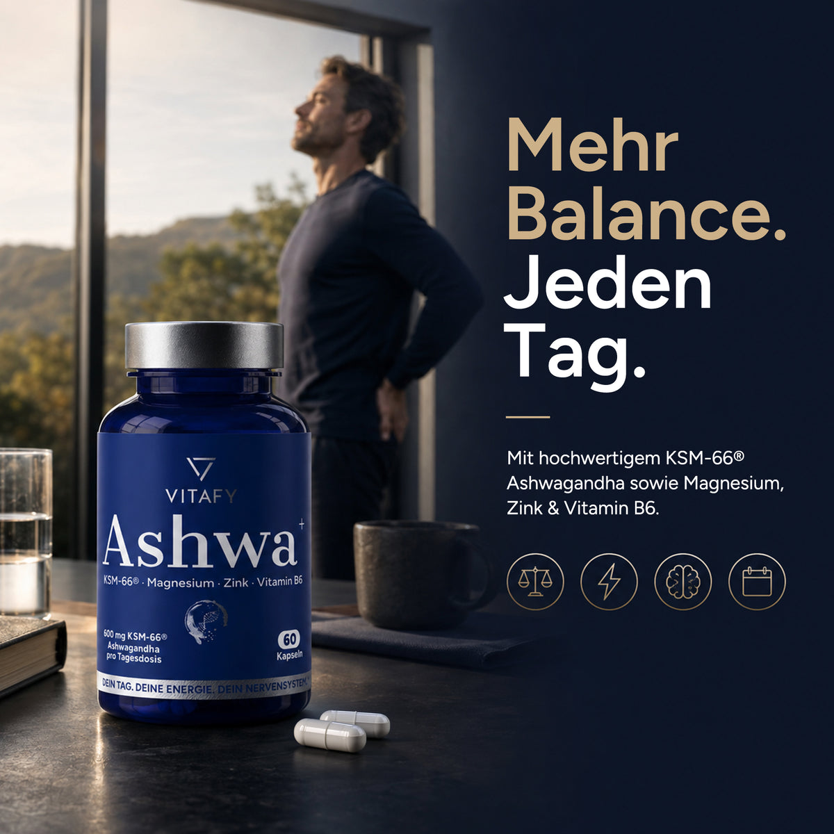 Ashwa+ Ashwagandha KSM-66™ mit Magnesium, Zink & Vitamin B6 (60 Kapseln)
