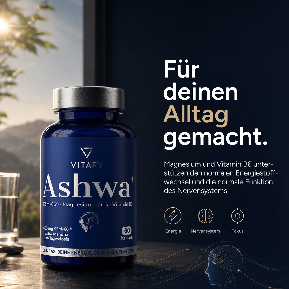 Ashwa+ Ashwagandha KSM-66™ mit Magnesium, Zink & Vitamin B6 (60 Kapseln)