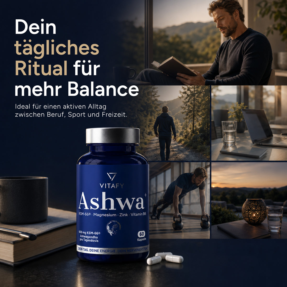 Ashwa+ Ashwagandha KSM-66™ mit Magnesium, Zink & Vitamin B6 (60 Kapseln)