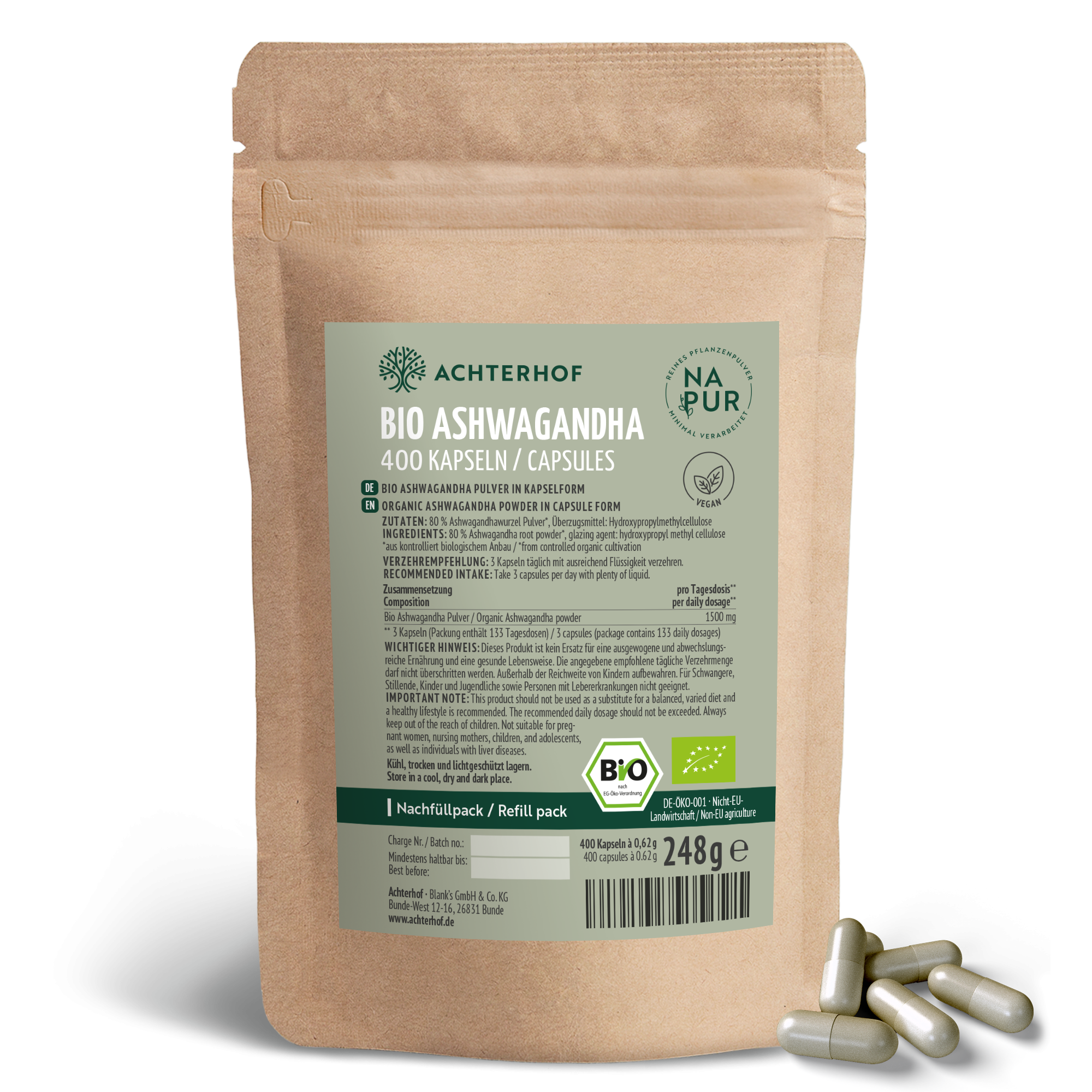 Ashwagandha Kapseln Bio Nachfüllpack (400 Kapseln)