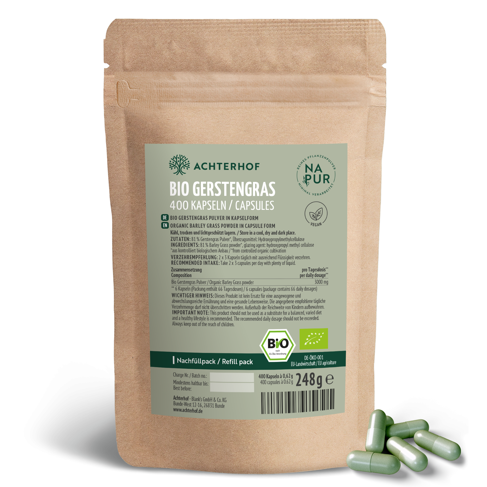 Gerstengras Kapseln Bio Nachfüllpack (400 Kapseln)