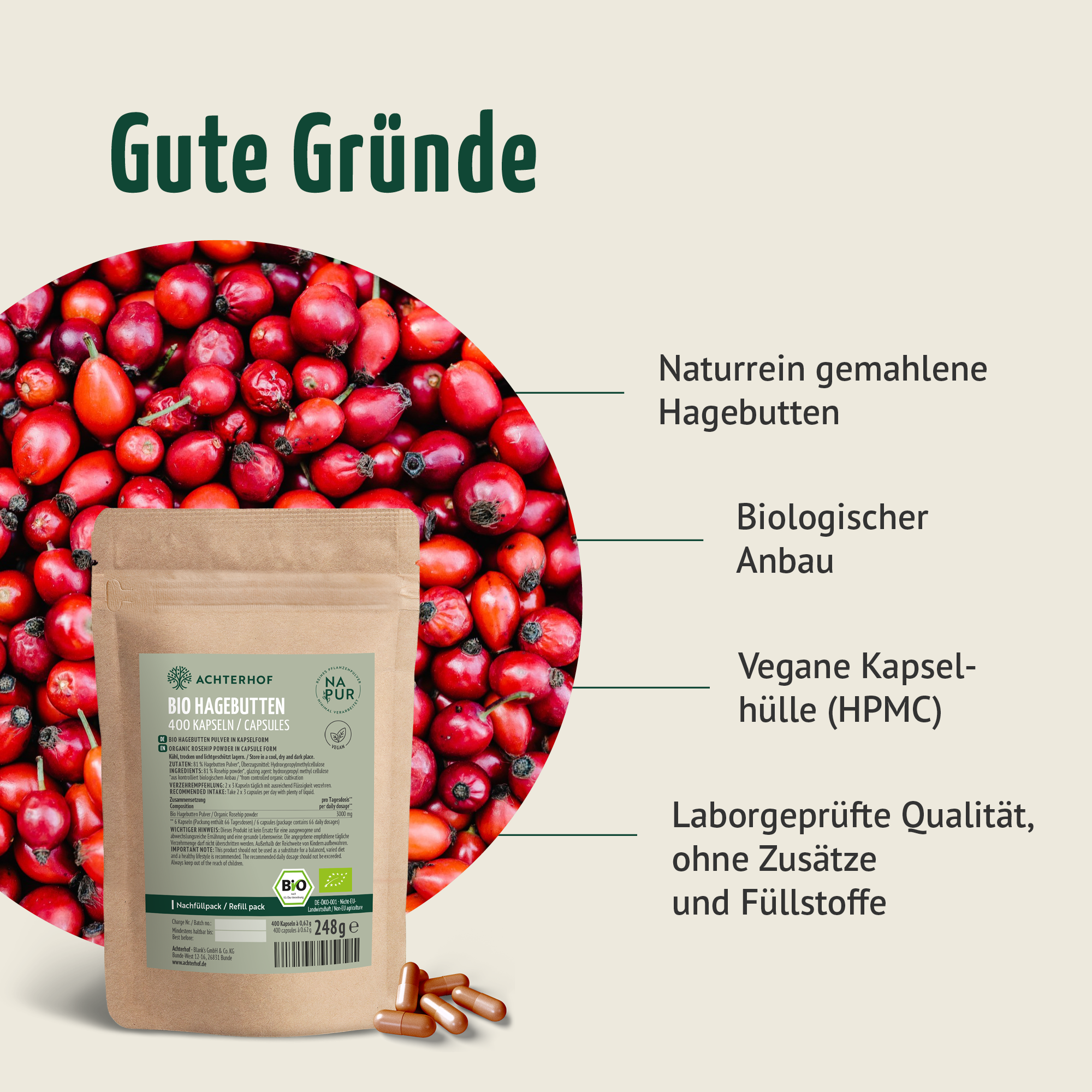 Hagebutten Kapseln Bio Nachfüllpack (400 Kapseln)