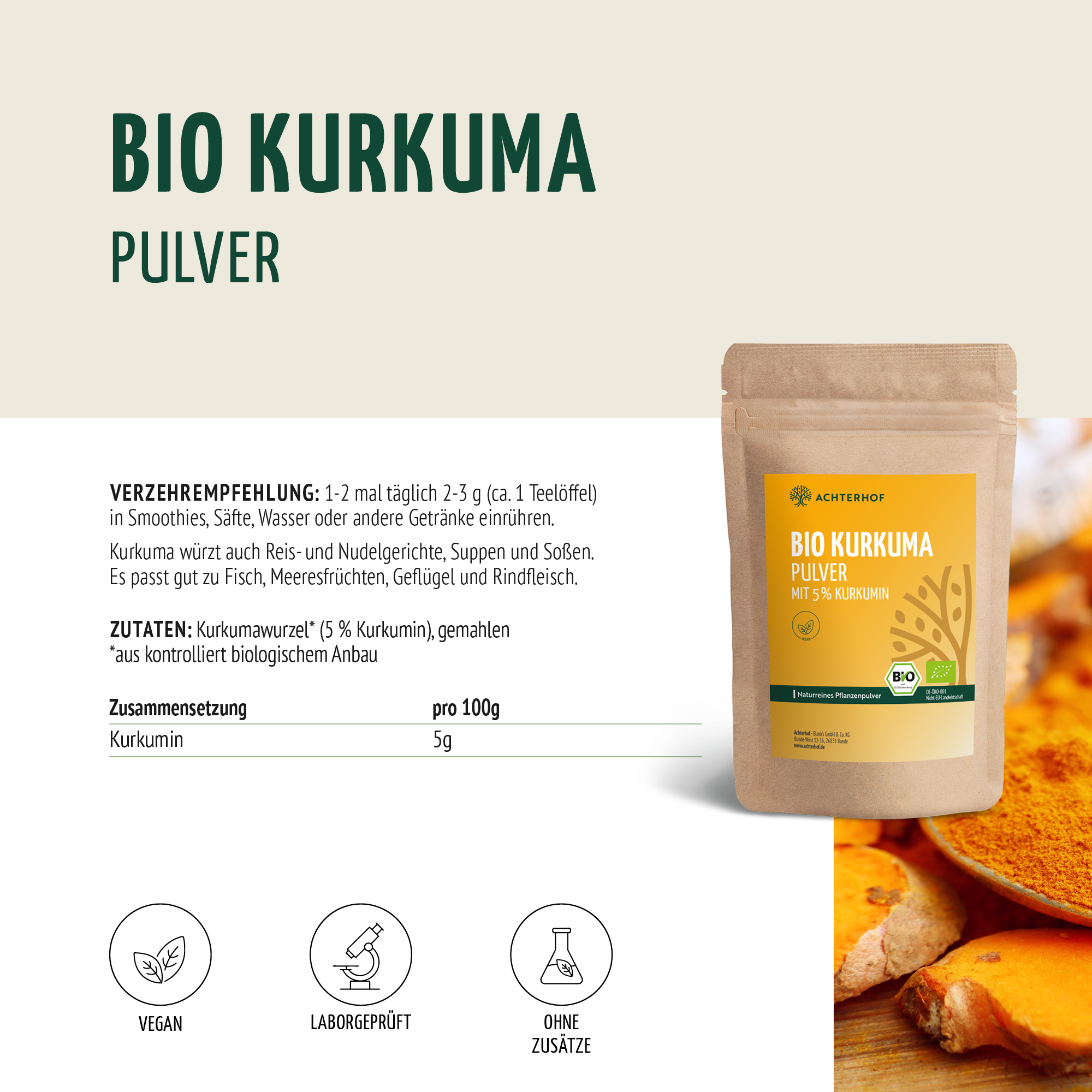 Bio Kurkuma Pulver 5% Curcumin (250g)