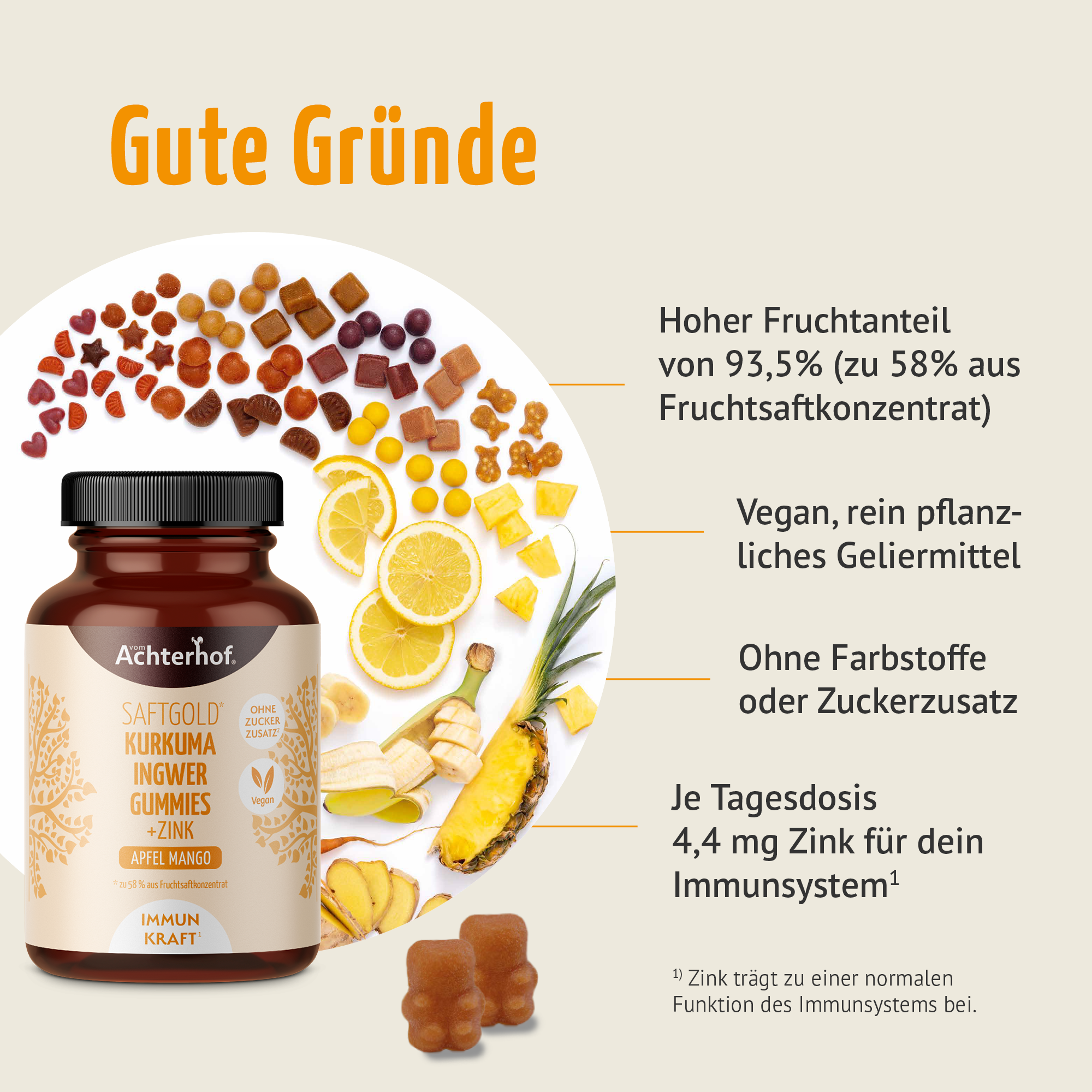 Saftgold Kurkuma Ingwer Gummies Apfel Mango + Zink (75 Stück)