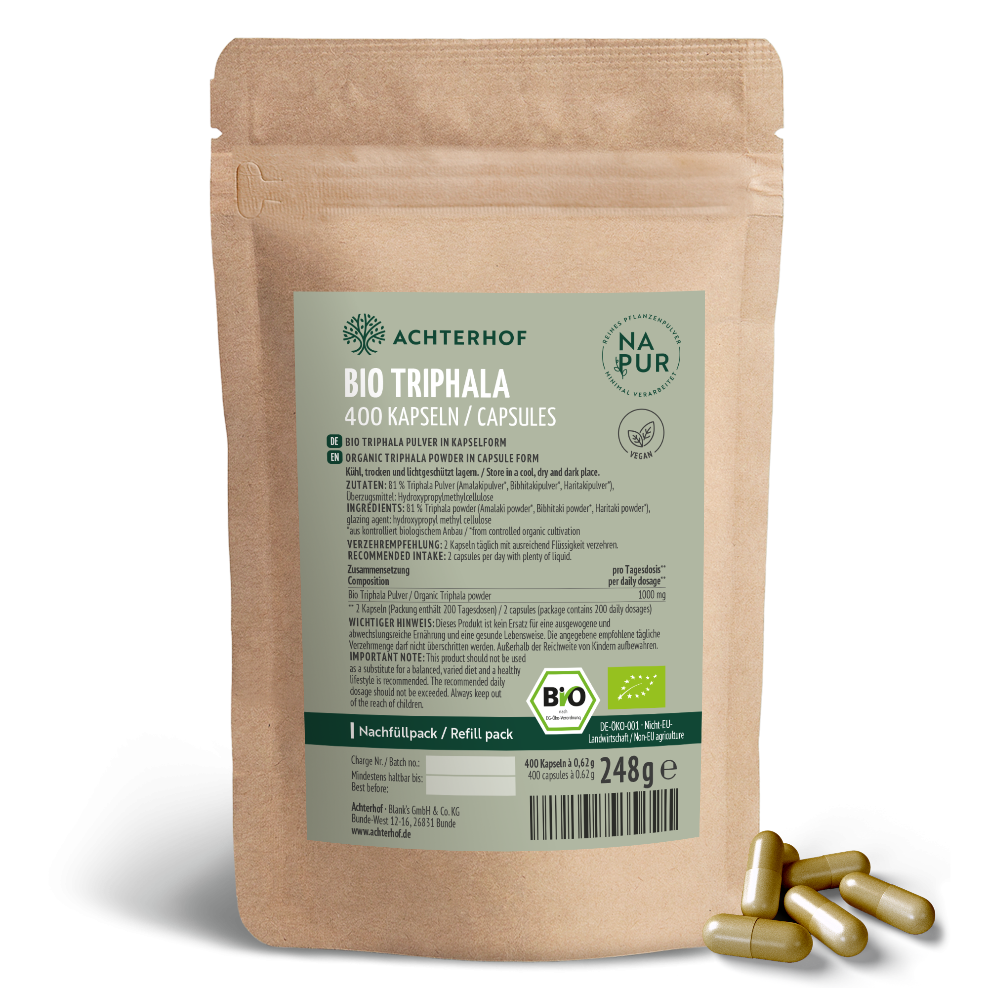 Triphala Kapseln Bio Nachfüllpack (400 Kapseln)